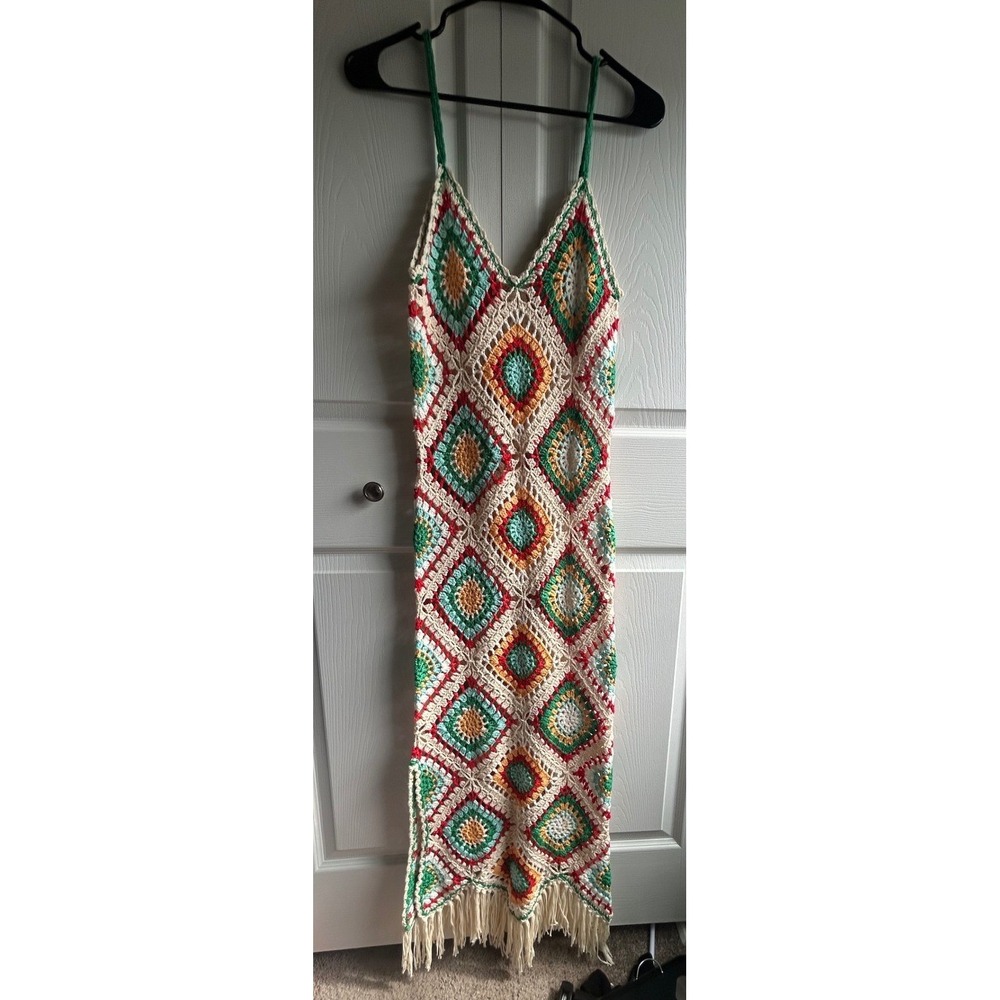 Elan Crochet Granny Square Maxi Dress Multi Color Boho Fringe CA5915 Medium